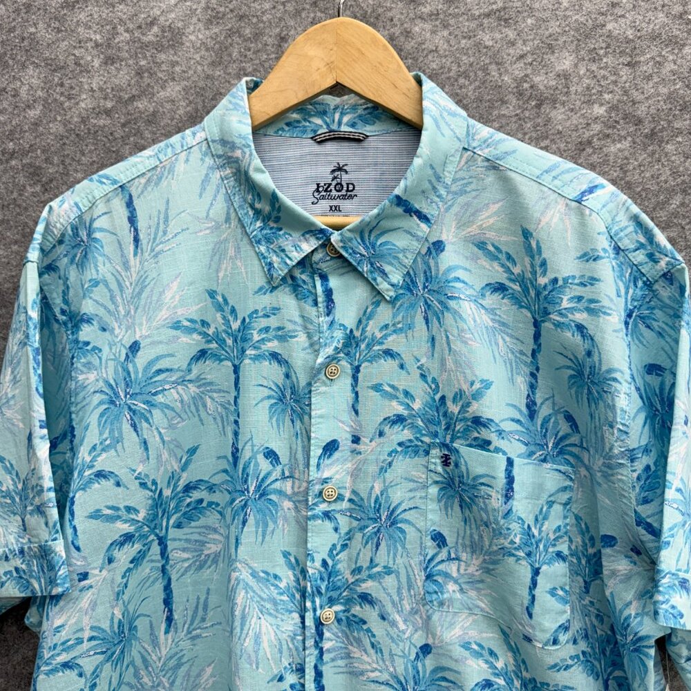 IZOD Saltwater Hawaiian Shirt Men's XXL Short Sleeve 100% Cotton, Blue Palm Tree - Picture 2 of 11